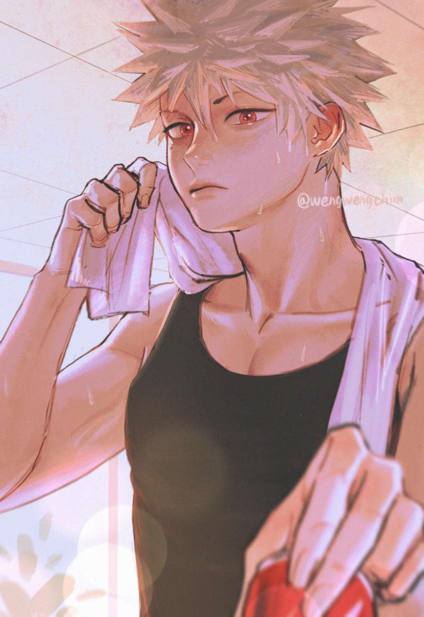 1boy absurdres artist_name bakugou_katsuki black_tank_top blonde_hair blurry blurry_foreground boku_no_hero_academia can collarbone depth_of_field hair_between_eyes hand_up highres holding indoors looking_at_viewer male_focus red_eyes short_hair solo spiky_hair sweat tank_top toned toned_male towel towel_around_neck upper_body wengwengchim