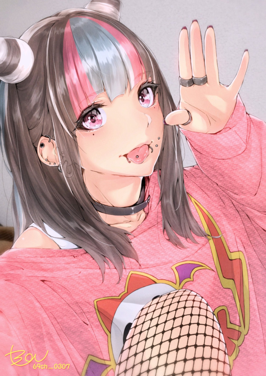 1girl alternate_costume bangs black_choker black_hair black_nails blue_hair choker collarbone commentary_request dangan_ronpa_(series) dangan_ronpa_2:_goodbye_despair dutch_angle ear_piercing earrings eyebrows_visible_through_hair fishnets grey_background hair_horns hand_up highres jewelry lip_piercing long_hair mioda_69ch mioda_ibuki multicolored_hair nail_polish off_shoulder piercing pink_eyes pink_hair pink_sweater portrait ring signature simple_background smile solo sweater thumb_ring tongue tongue_out tongue_piercing twitter_username white_hair