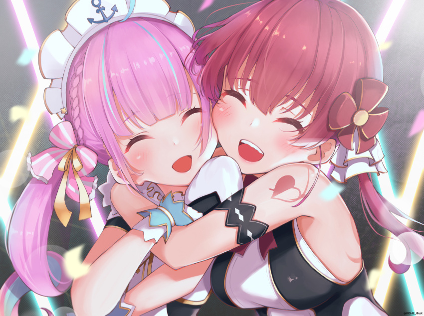 2girls ^_^ absurdres bare_shoulders blush closed_eyes glomp gloves highres hololive houshou_marine hug idol idol_clothes kohe_billialot minato_aqua multiple_girls nonstop_story open_mouth purple_hair redhead smile thigh-highs twitter_username upper_body white_gloves yuri |d