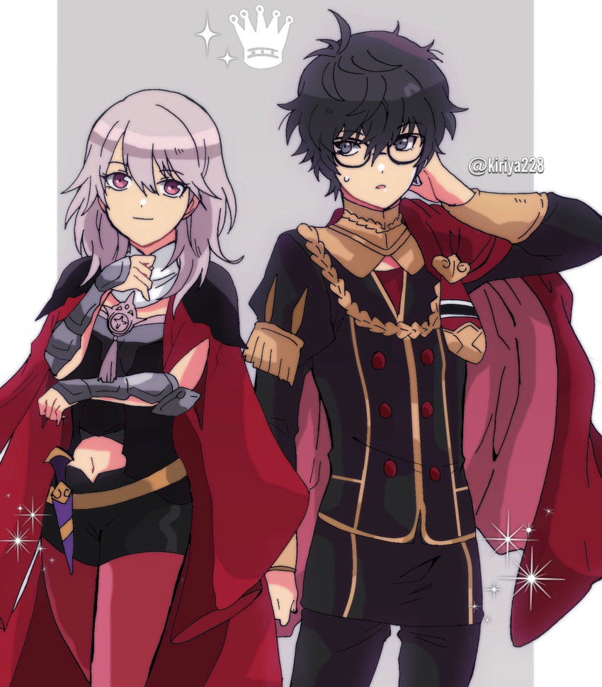 1girl alternate_color amamiya_ren armor bangs black_hair byleth_(fire_emblem) byleth_eisner_(female) cape cosplay edelgard_von_hresvelg edelgard_von_hresvelg_(cosplay) fire_emblem fire_emblem:_three_houses garreg_mach_monastery_uniform glasses gloves highres kiriya_(552260) long_hair looking_at_viewer pantyhose persona persona_5 red_cape short_hair simple_background super_smash_bros. violet_eyes white_hair yellow_cape