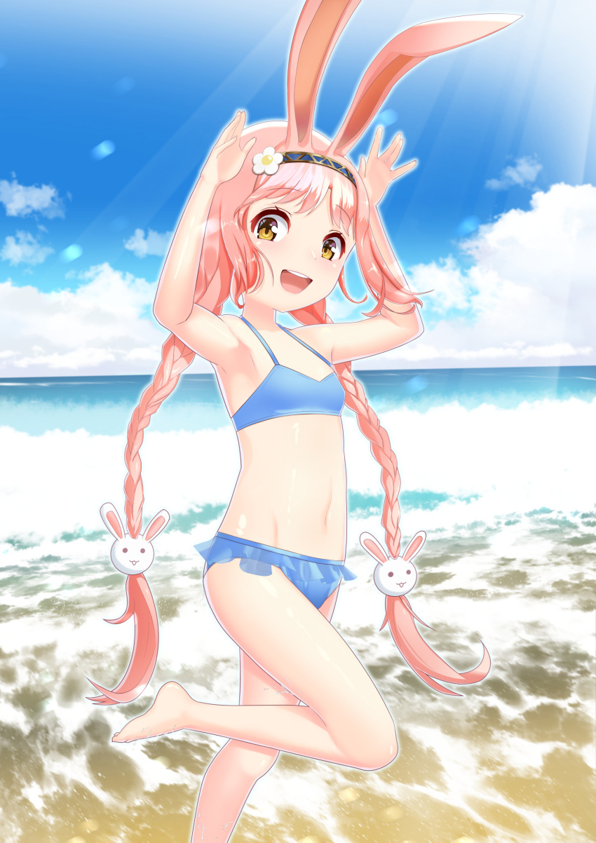 1girl absurdres animal_ears armpits arms_up barefoot beach bikini blue_bikini braid breasts brown_eyes bunny_pose clouds hairband hanba_rou highres long_hair mimi_(princess_connect!) navel ocean open_mouth outdoors princess_connect! princess_connect!_re:dive rabbit_ears sky small_breasts smile solo standing standing_on_one_leg swimsuit swimwear twin_braids twintails very_long_hair