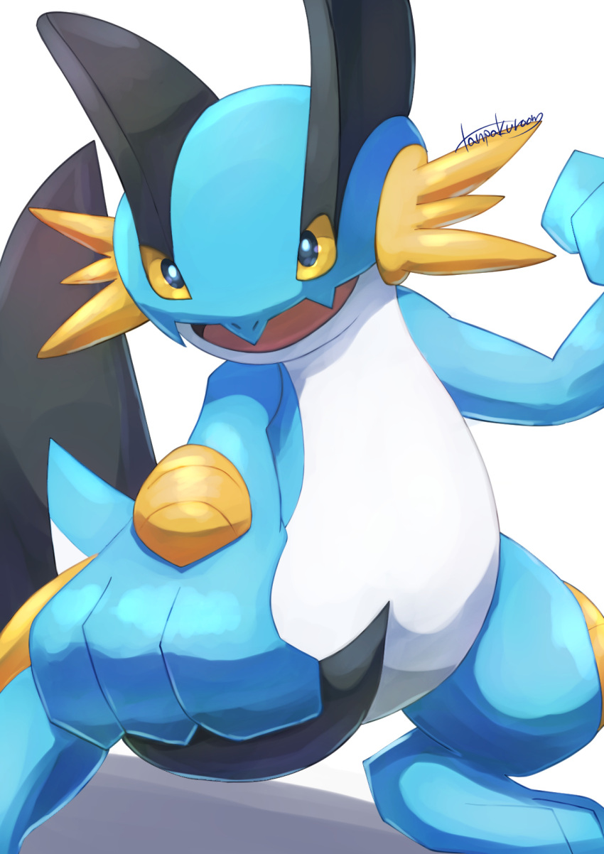 commentary_request fangs gen_3_pokemon highres no_humans open_mouth pokemon pokemon_(creature) signature skin_fangs solo standing swampert tanpakuroom toes tongue white_background