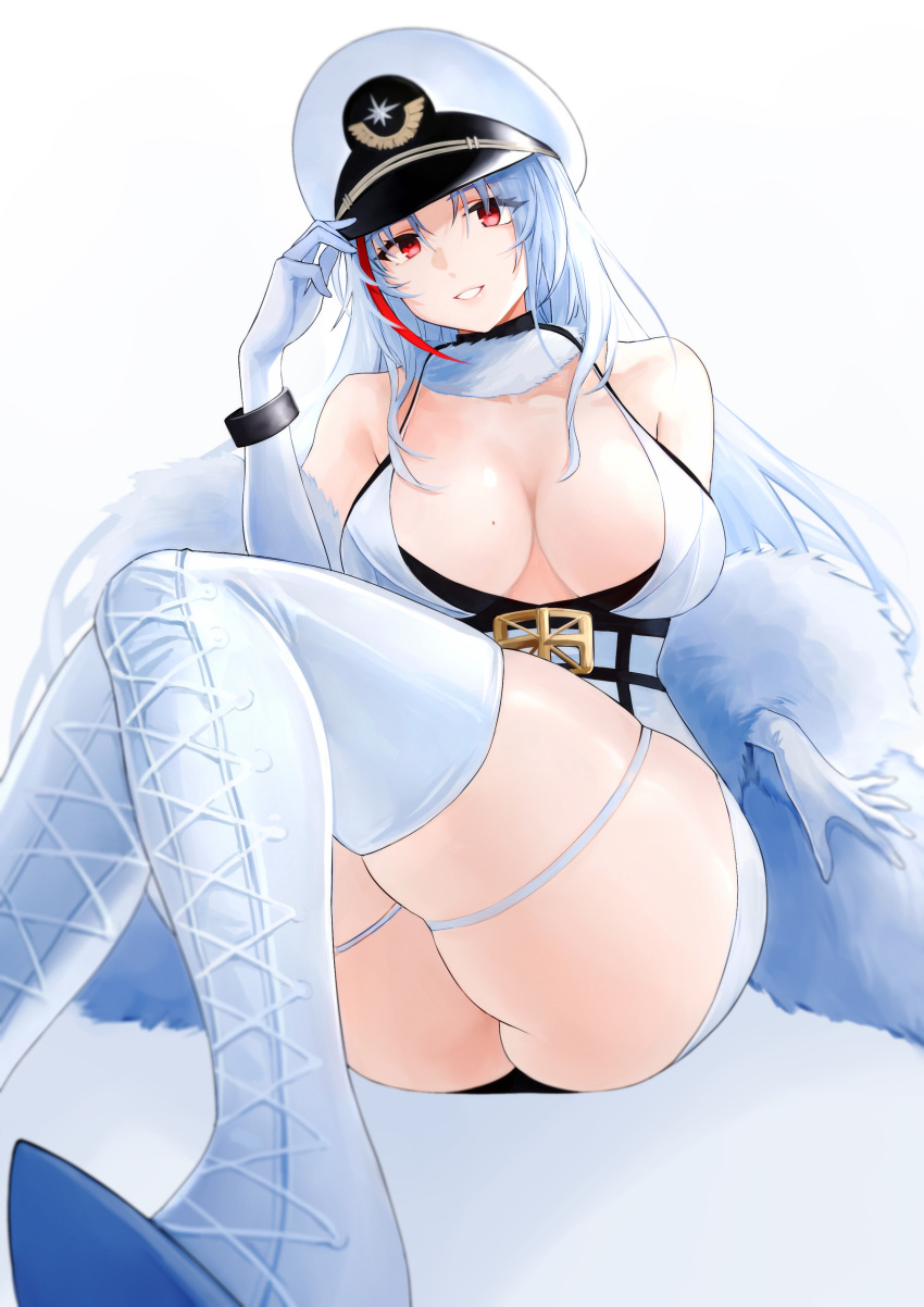 1girl absurdres alternate_costume azur_lane boots breasts cl_(summer_sama) elbow_gloves eyebrows_visible_through_hair fur_collar gloves hand_on_headwear highres large_breasts long_hair looking_at_viewer mole mole_on_breast multicolored_hair red_eyes silver_hair sitting smile solo tallinn_(azur_lane) thigh-highs thigh_boots white_background white_footwear white_gloves