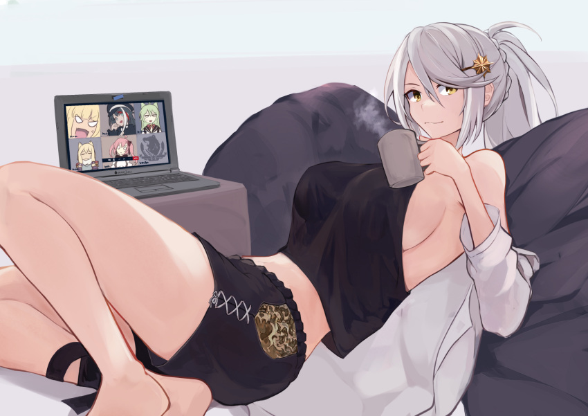 1girl azur_lane bangs bare_legs barefoot black_shorts black_tank_top braid breasts closed_mouth coffee_cup cup disposable_cup eyebrows_visible_through_hair grey_hair hair_ornament highres holding holding_cup kirov_(azur_lane) kirov_(blend_r)_(azur_lane) long_hair looking_at_viewer lying marshall_k medium_breasts on_side open_clothes open_shirt shirt shorts silver_hair simple_background solo star_(symbol) star_hair_ornament tank_top white_shirt yellow_eyes