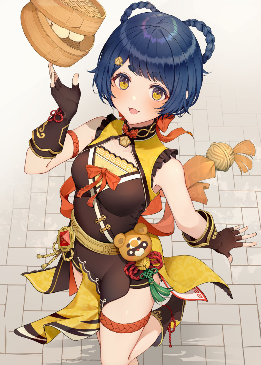 1girl ankle_boots arm_up bare_shoulders black_footwear blue_hair boots braid breasts chinese_clothes dark_blue_hair dumpling fingerless_gloves food from_above genshin_impact gloves hair_ornament hair_rings hairclip highres leg_up light_smile looking_at_viewer open_mouth pelvic_curtain small_breasts smile solo thigh_strap usamochi. vision_(genshin_impact) xiangling_(genshin_impact) yellow_eyes