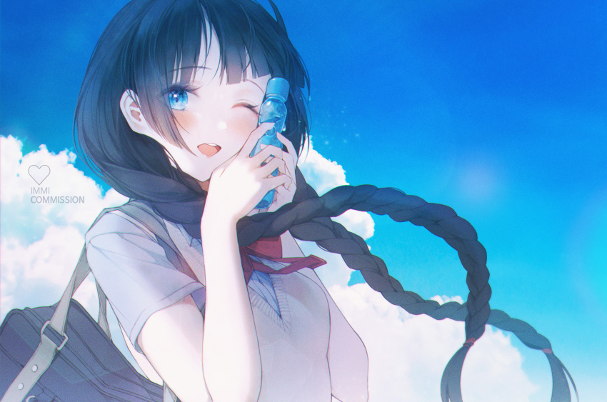 1girl absurdres bag bangs black_hair blue_eyes blue_sky blush bottle braid clouds commission day highres holding holding_bottle immi_immi long_hair looking_at_viewer neck_ribbon one_eye_closed open_mouth original outdoors ramune red_ribbon ribbon school_bag school_uniform shirt short_sleeves sky smile solo twin_braids upper_body very_long_hair white_shirt