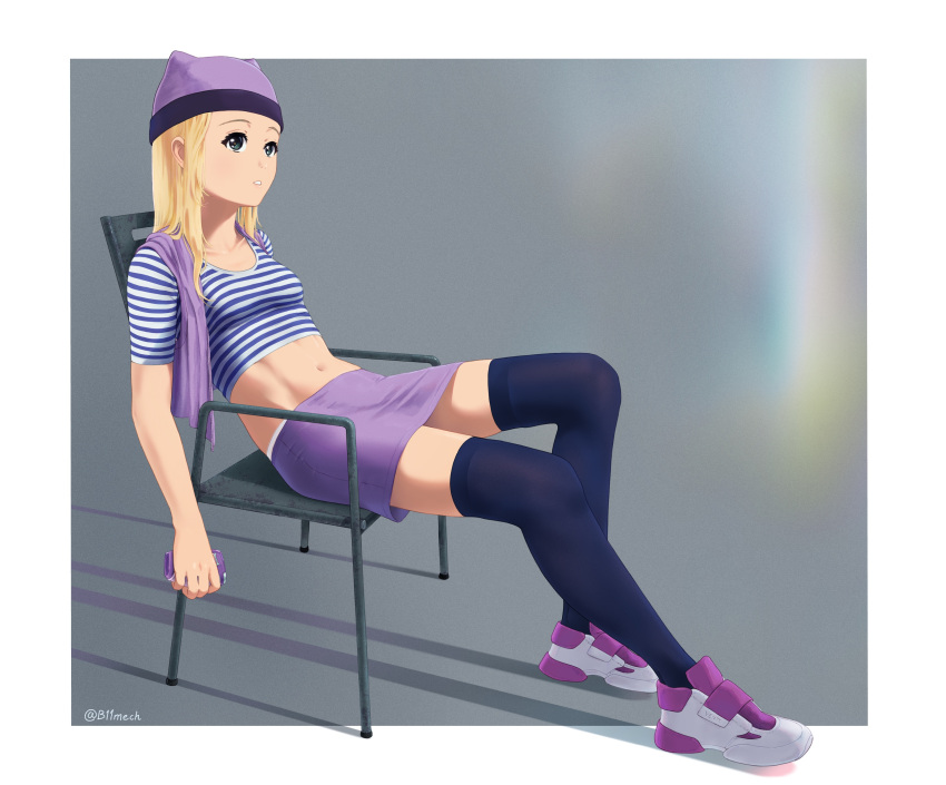 1girl absurdres beleven blonde_hair blue_legwear breasts chair collarbone commentary crop_top digimon digimon_frontier digivice full_body green_eyes groin hat highres holding long_hair looking_up midriff miniskirt navel orimoto_izumi parted_lips pencil_skirt purple_headwear purple_skirt purple_vest shadow shirt shoes short_sleeves sidelocks sitting skirt small_breasts sneakers solo striped striped_shirt thigh-highs twitter_username vest white_footwear zettai_ryouiki