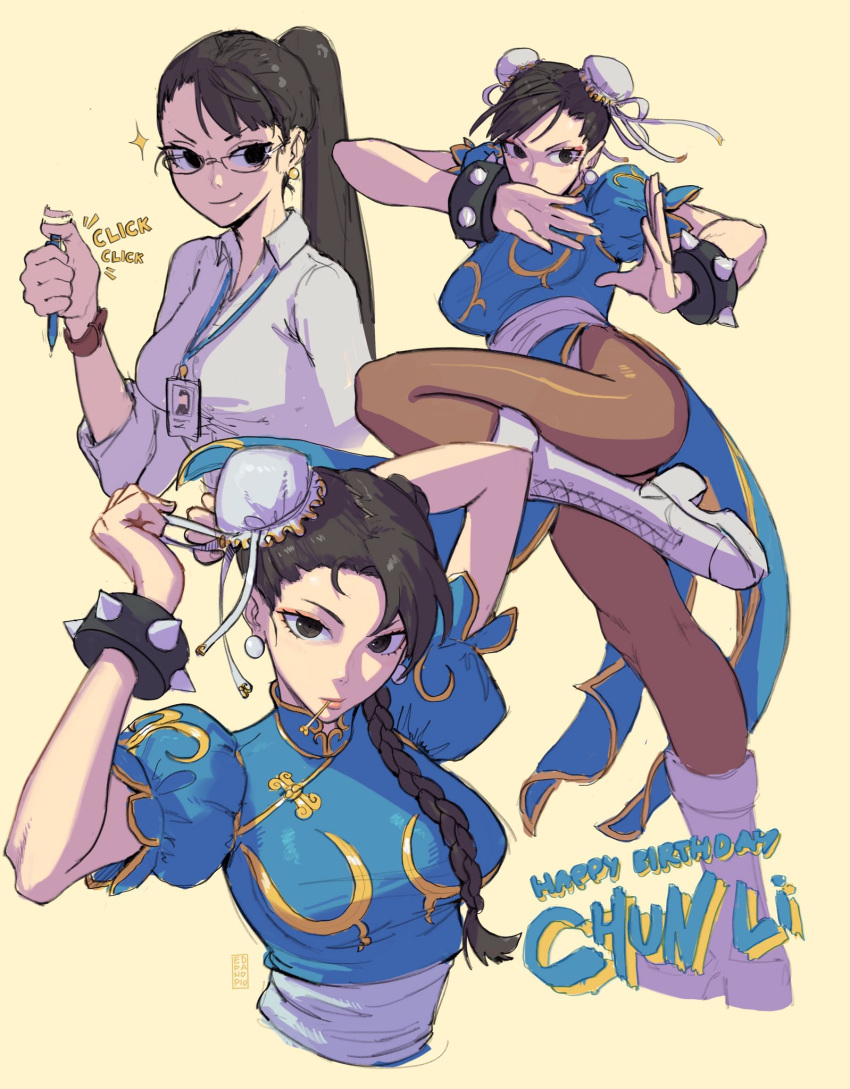 1girl afterimage blue_dress boots bracelet braid breasts brown_eyes brown_hair brown_legwear bun_cover chun-li closed_mouth double_bun dress earrings edpan hair_down hair_ribbon hands_up highres holding holding_pen id_card jewelry lanyard large_breasts looking_at_viewer mouth_hold multiple_views pantyhose pelvic_curtain pen ponytail ribbon sash shirt simple_background single_braid smile spiked_bracelet spikes standing standing_on_one_leg street_fighter watch watch white_footwear white_ribbon white_shirt yellow_background
