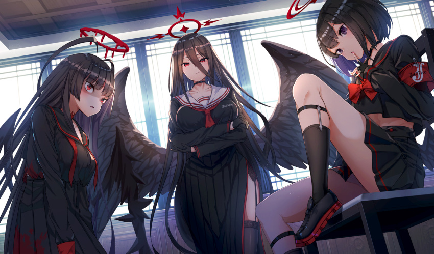 3girls armband bangs black_gloves black_hair black_legwear black_neckwear black_sailor_collar black_serafuku black_skirt black_wings blood bloody_clothes blue_archive blunt_bangs bow bowtie breasts choker commentary_request crossed_arms day eyebrows_visible_through_hair feathered_wings feet_on_chair finger_to_mouth fingerless_gloves from_below garter_straps gloves halo hasumi_(blue_archive) highres kneehighs leg_up long_hair long_skirt long_sleeves looking_at_viewer mashiro_(blue_archive) medium_breasts miniskirt multiple_girls necktie red_eyes sailor_collar school_uniform serafuku short_hair sitting skirt standing thigh-highs tsurugi_(blue_archive) very_long_hair violet_eyes white_sailor_collar window wings yu_ni_t