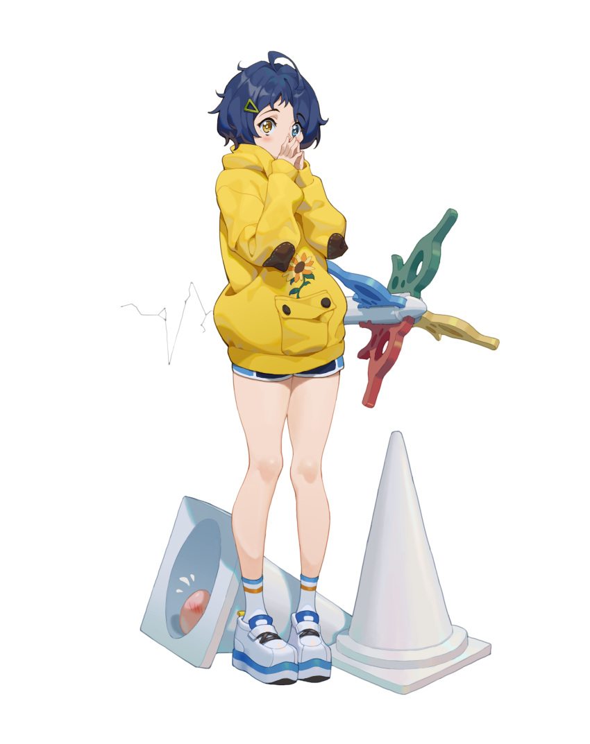 1girl absurdres blue_eyes blue_hair cheese_kang commentary crack egg hair_ornament hairclip hands_up heterochromia highres hood hoodie jacket looking_at_viewer ooto_ai shoes short_hair short_shorts shorts simple_background sneakers socks solo traffic_cone white_background white_footwear white_legwear wonder_egg_priority yellow_eyes yellow_hoodie yellow_jacket