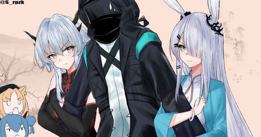 1boy 4girls alternate_costume anger_vein animal_ears arknights bangs beret black_coat black_dress black_gloves black_headwear blonde_hair blue_hair blunt_bangs breasts ch'en_(arknights) china_dress chinese_clothes coat commentary_request cowboy_shot doctor_(arknights) double_bun dragon_girl dragon_horns dragon_tail dress earrings elbow_gloves eyebrows eyebrows_visible_through_hair frostnova_(arknights) gloves grey_eyes hair_ornament hair_over_one_eye hat highres holding_another's_arm horns jewelry kakeru_(kakeru) long_hair mask mask_on_head multiple_girls off_shoulder pelvic_curtain rabbit_ears shirt silver_hair simple_background sweatdrop swire_(arknights) tail talulah_(arknights) tiger_ears twintails white_dress white_shirt