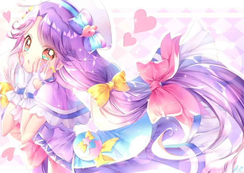 1girl blush bow clothing_cutout commentary_request cure_coral dress earrings eyelashes fingerless_gloves gloves heart_cutout highres jewelry long_hair looking_at_viewer magical_girl precure purple_dress purple_hair ribbon solo suzumura_sango touki_matsuri tropical-rouge!_precure violet_eyes white_gloves