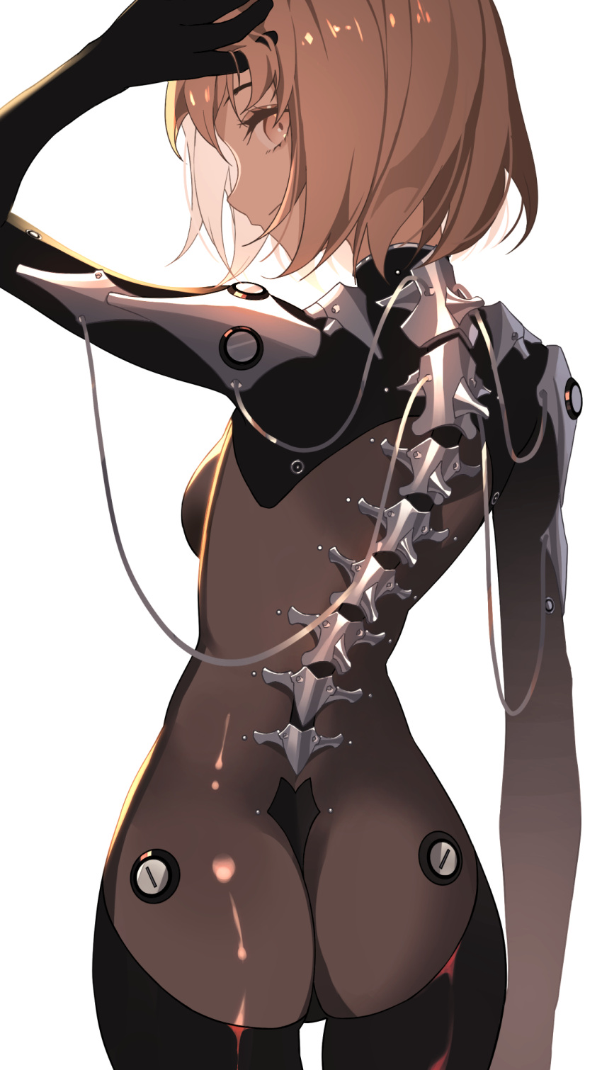 1girl ass bodysuit brown_eyes brown_hair cable commentary_request hand_on_own_head highres looking_at_viewer looking_back mechanical_backbone original science_fiction shiny shiny_clothes short_hair skin_tight solo tsuki-shigure white_background