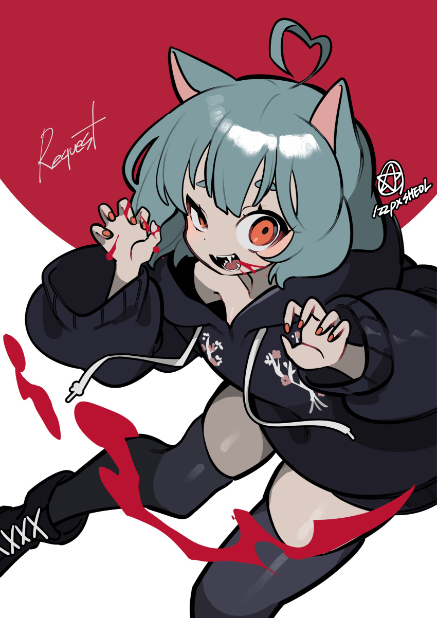 122pxsheol 1girl :d absurdres ahoge animal_ears aqua_hair bangs black_legwear boots cat_ears fangs highres hood hoodie looking_at_viewer open_mouth orange_eyes orange_nails original short_hair smile solo teeth thigh-highs