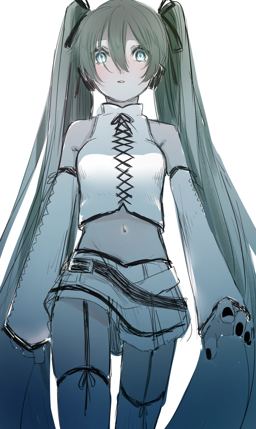 1girl absurdres aile_d'ange_(module) aqua_eyes bare_shoulders belt black_nails commentary crop_top detached_sleeves from_below green_hair hair_ornament hatsune_miku highres kokutogeroama lace-up_sleeves lace-up_top long_hair looking_at_viewer midriff miniskirt nail_polish navel parted_lips project_diva_(series) shirt skirt sleeveless sleeveless_shirt solo thigh-highs twintails very_long_hair vocaloid walking white_legwear white_shirt white_skirt white_sleeves