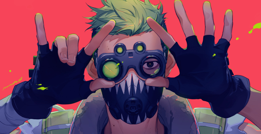 1boy \n/ apex_legends artist_name black_gloves fingerless_gloves gloves goggles green_eyes green_hair green_vest highres iwamoto_zerogo looking_at_viewer male_focus mask mouth_mask octane_(apex_legends) one_eye_covered open_hand red_background solo undercut upper_body vest