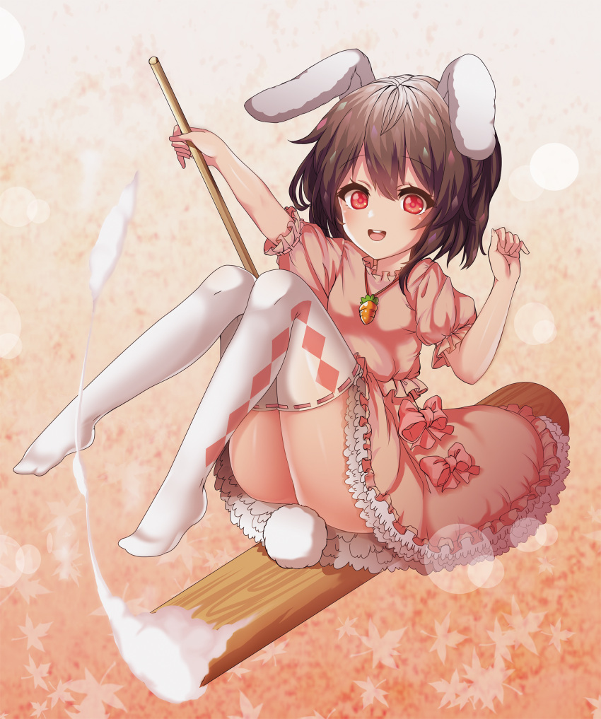 1girl :d animal_ears brown_hair bunny_tail floppy_ears full_body highres inaba_tewi kine kinos_(kw00789) leaf leaf_background mallet maple_leaf open_mouth orange_background rabbit_ears red_eyes ribbon-trimmed_legwear ribbon_trim riding short_hair smile solo tail thigh-highs touhou white_legwear