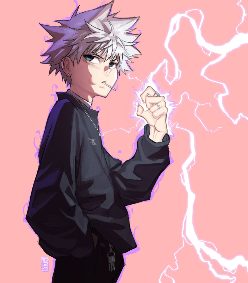 1boy black_pants blue_eyes chain closed_mouth commentary ear_clip ear_piercing earrings edpan electricity english_commentary fingernails grey_sweater hair_between_eyes hand_in_pocket hand_up highres hunter_x_hunter jewelry killua_zoldyck male_focus mouth_hold necklace pants piercing pink_background redrawn ring signature simple_background solo stud_earrings sweater upper_body white_hair