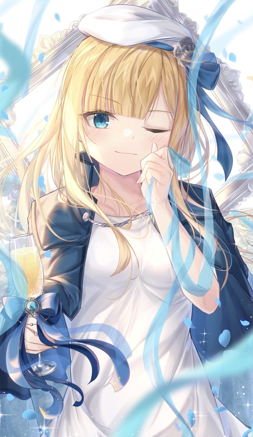 1girl ;) bangs blonde_hair blue_bow blue_eyes blue_ribbon blush bow breasts closed_mouth collarbone commentary_request dress eyebrows_visible_through_hair fate_(series) flower gem glass grey_flower hair_bow hair_flower hair_ornament hand_up hands_up hat highres holding long_hair long_sleeves looking_at_viewer lord_el-melloi_ii_case_files nattsu_(nattu888_8) one_eye_closed reines_el-melloi_archisorte ribbon short_sleeves small_breasts smile solo white_dress white_headwear