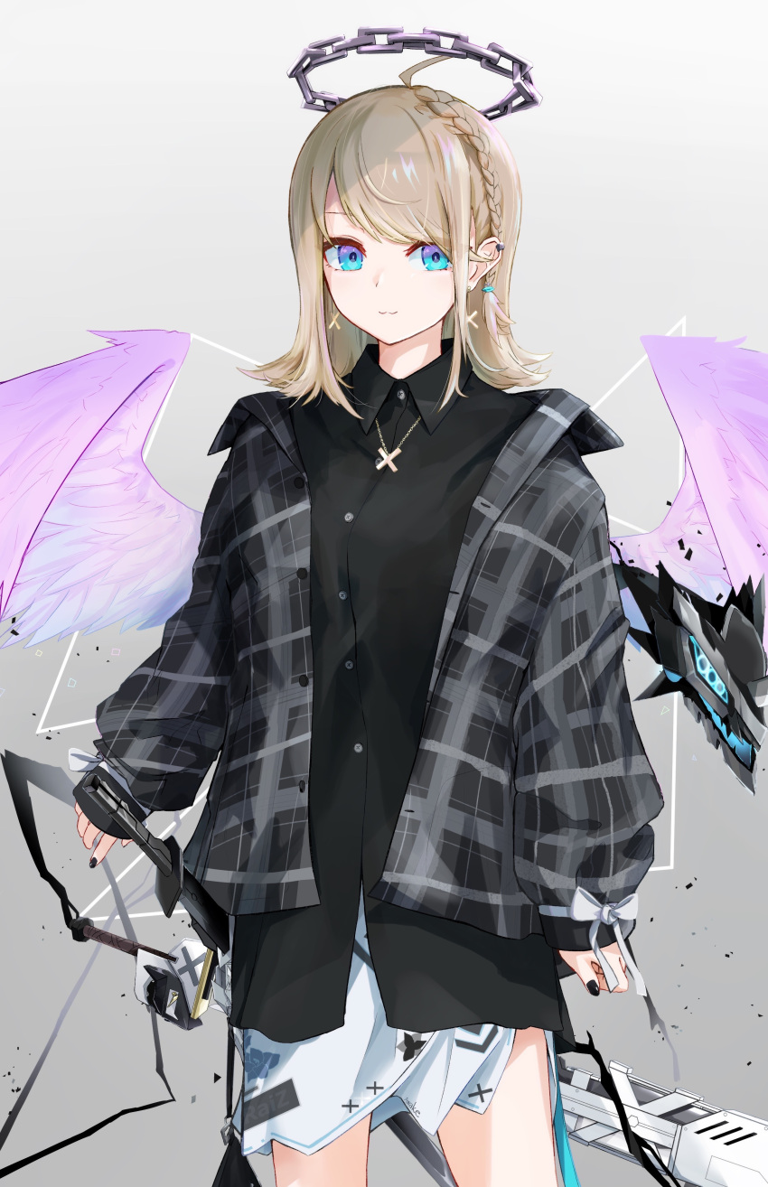 1girl :3 absurdres ace_kin ahoge angel angel_wings black_nails blonde_hair blue_eyes braid chain_halo closed_mouth creature cross cross_earrings cross_necklace earrings feathered_wings fingernails gradient gradient_background halo highres jacket jewelry medium_hair necklace open_clothes open_jacket original plaid purple_wings ribbon scabbard sheath sheathed sleeves_past_wrists smile solo sword weapon white_ribbon wings x