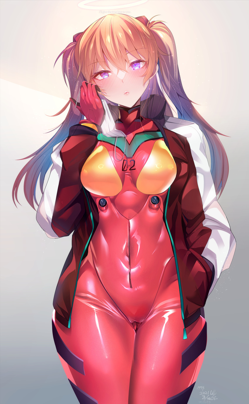 1girl absurdres bodysuit breasts covered_navel hairpods hands_in_pockets highres interface_headset jacket long_hair long_sleeves medium_breasts multicolored multicolored_bodysuit multicolored_clothes neon_genesis_evangelion open_clothes open_jacket orange_bodysuit orange_hair pilot_suit plugsuit red_bodysuit red_jacket silly_(marinkomoe) solo souryuu_asuka_langley standing track_jacket two_side_up violet_eyes