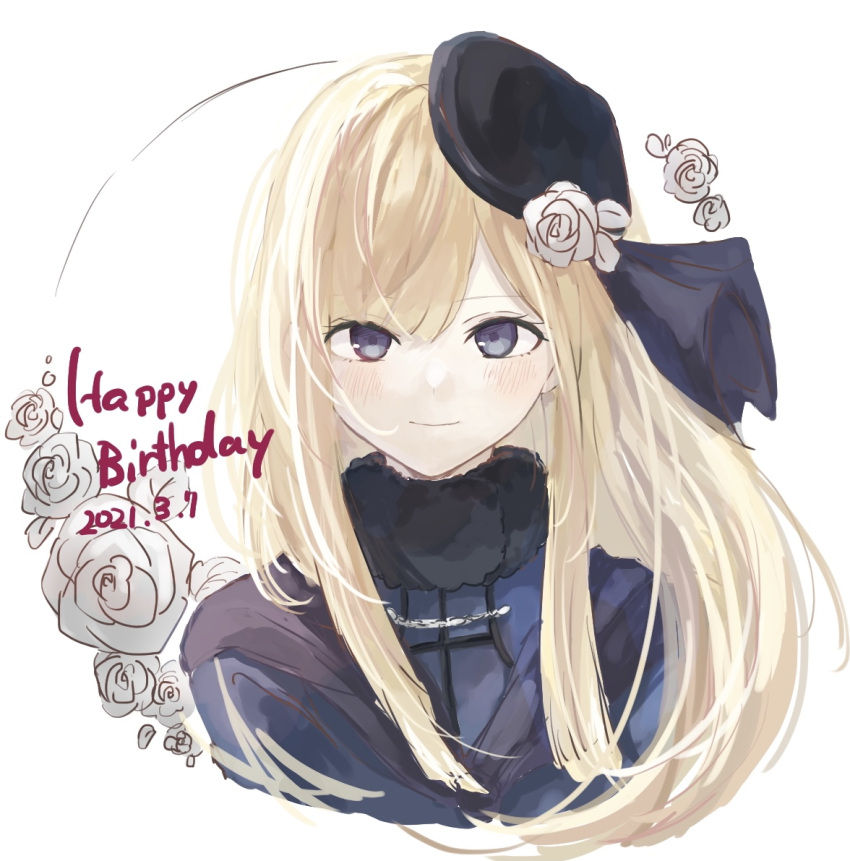 1girl bangs black_headwear blonde_hair blue_jacket blush commentary_request cropped_shoulders dated fate_(series) floral_print flower fur_collar happy_birthday hat jacket long_hair looking_at_viewer lord_el-melloi_ii_case_files reines_el-melloi_archisorte rorikon_shinshi rose simple_background smile solo tilted_headwear white_background white_flower white_rose
