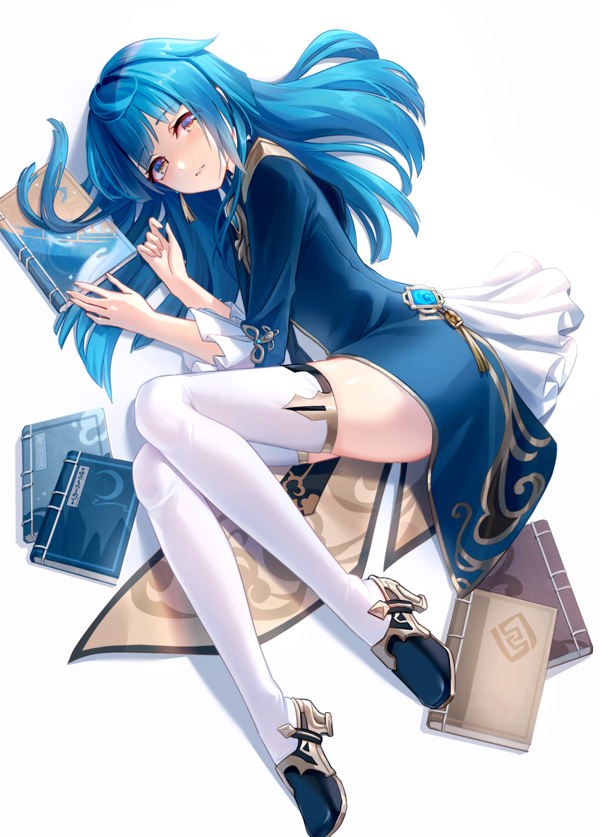 1girl blue_dress blue_hair blush book chinese_clothes dress frilled_sleeves frills full_body genderswap genderswap_(mtf) genshin_impact high_heels highres lalazyt long_hair long_sleeves looking_at_viewer lying on_side simple_background smile solo thigh-highs thighs white_background white_legwear xingqiu_(genshin_impact)