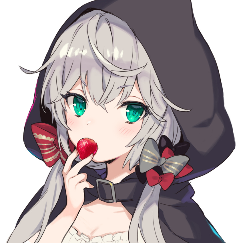 1girl ame8desu aqua_eyes bangs biting black_cloak cloak food fruit green_eyes highres holding holding_food hood long_hair low_twintails messy_hair original portrait silver_hair simple_background strawberry twintails white_background