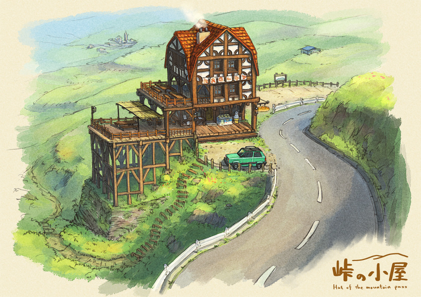 building car chimney day fence fiat_panda grass ground_vehicle highres hill motor_vehicle no_humans original outdoors poppo_sutchy road scenery sign smoke stairs