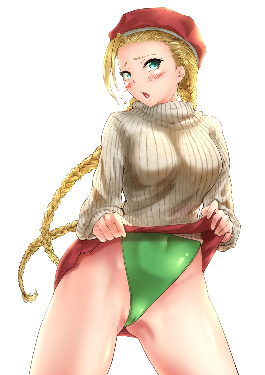 1girl absurdres beige_sweater beret blonde_hair braid bro.you-yan cammy_white covered_navel cowboy_shot green_eyes green_leotard hat highleg highleg_leotard highres leotard leotard_under_clothes lifted_by_self long_hair open_mouth red_headwear red_skirt ribbed_sweater simple_background skirt skirt_lift solo street_fighter street_fighter_v sweater twin_braids white_background