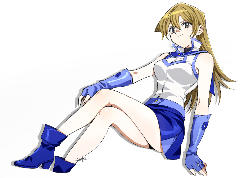 1girl 203wolves absurdres ankle_boots arm_support bangs bare_shoulders belt blonde_hair blue_footwear blue_skirt boots breasts buttons closed_mouth commentary_request crossed_legs duel_academy_uniform_(yu-gi-oh!_gx) elbow_gloves fingerless_gloves gloves highres long_hair looking_at_viewer medium_breasts miniskirt shadow signature simple_background sitting skirt sleeveless smile solo tenjouin_asuka thighs white_background yellow_eyes yu-gi-oh! yu-gi-oh!_gx