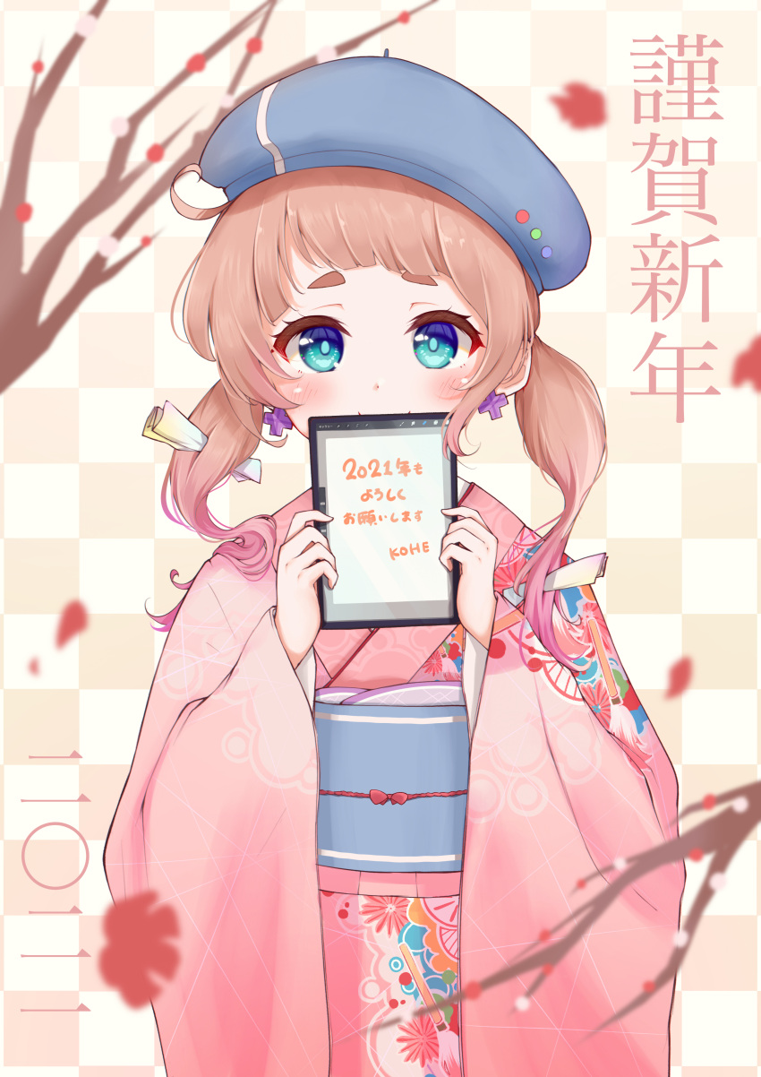 1girl absurdres beret blue_eyes blush brown_hair covering_mouth cross cross_earrings earrings furisode happy_new_year hat highres japanese_clothes jewelry kimono kohe_billialot looking_at_viewer new_year obi obiage obijime original pink_kimono print_kimono sash shirt short_eyebrows short_hair smile solo thick_eyebrows thigh-highs upper_body white_shirt