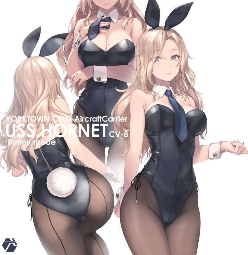 1girl animal_ears black_legwear black_leotard black_neckwear blonde_hair breasts bunny_tail closed_mouth cowboy_shot detached_collar ears_visible_through_hair eyebrows_visible_through_hair eyes_visible_through_hair fake_animal_ears fake_tail grey_eyes highres hornet_(kancolle) kantai_collection large_breasts leotard long_hair mole mole_on_breast multiple_views necktie pantyhose playboy_bunny rabbit_ears rokuwata_tomoe simple_background smile tail white_background wrist_cuffs zipper zipper_pull_tab