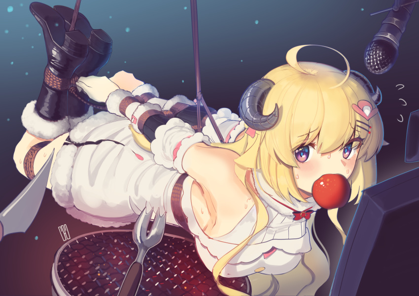 1girl ahoge apple bdsm blonde_hair bondage boots bound detached_sleeves dress food fruit gradient gradient_background grill hair_ornament hairclip highres hogtie hololive horns kaddo kitchen_knife long_hair microphone mouth_hold rope screen sheep_horns suspension tsunomaki_watame violet_eyes virtual_youtuber white_dress
