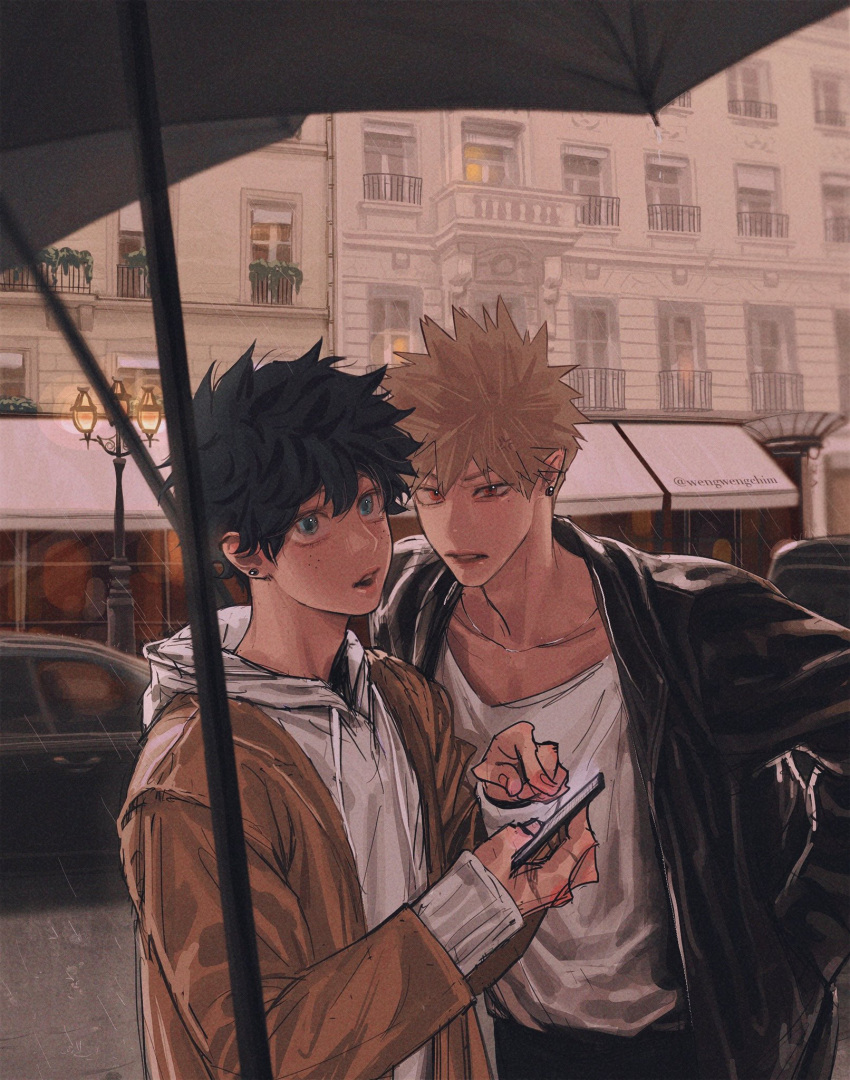 2boys artist_name bakugou_katsuki bangs black_hair black_jacket blonde_hair blue_eyes blush boku_no_hero_academia brown_jacket building car collarbone earrings freckles green_hair grey_hoodie ground_vehicle highres holding holding_phone hood hoodie jacket jewelry lantern long_sleeves looking_at_viewer male_focus midoriya_izuku motor_vehicle multiple_boys open_clothes open_jacket open_mouth outdoors phone rain red_eyes short_hair short_pointy_ears sleeves_past_wrists spiky_hair standing symbol_commentary umbrella wengwengchim