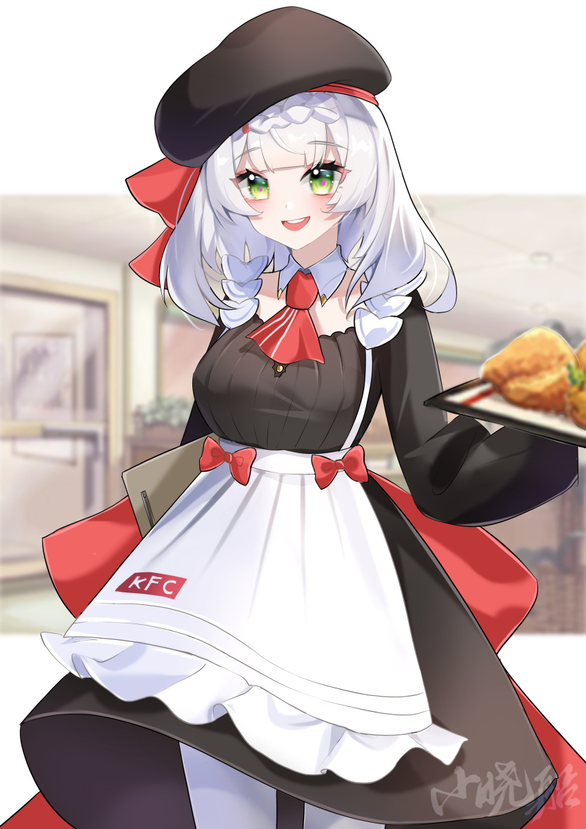 1girl absurdres apron bangs beret black_dress black_headwear blush braid braided_bangs breasts dress food genshin_impact green_eyes hat highres large_breasts legs long_sleeves looking_at_viewer noelle_(genshin_impact) open_mouth pantyhose short_hair smile thighs tray waist_apron white_apron white_hair xiao_xiao_chuan