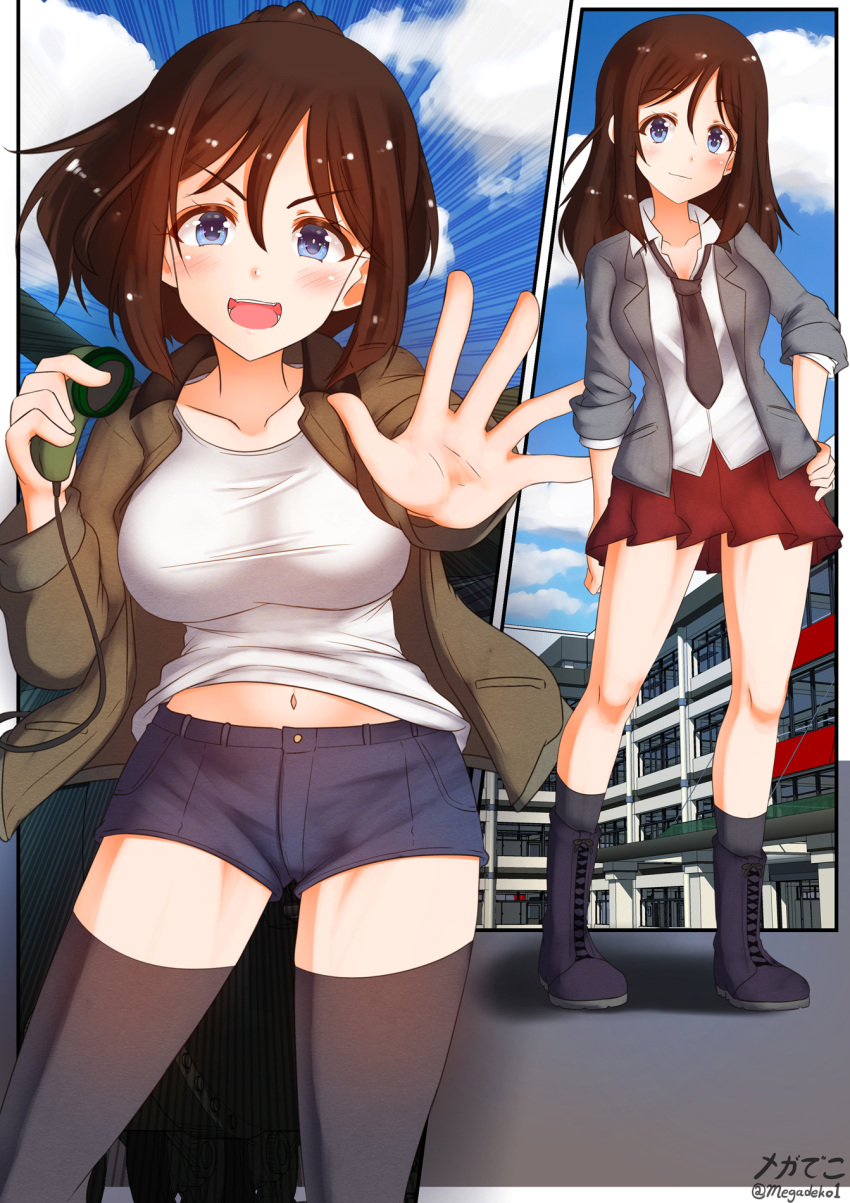 1girl aquaegg black_legwear blue_eyes blue_shorts blush breasts brown_hair closed_mouth girls_und_panzer hand_on_hip highres jacket large_breasts looking_at_viewer megumi_(girls_und_panzer) military military_uniform miniskirt multiple_views navel necktie outdoors red_skirt saunders_military_uniform saunders_school_uniform school_uniform shiny shiny_hair shirt short_shorts shorts skirt smile thigh-highs uniform white_shirt