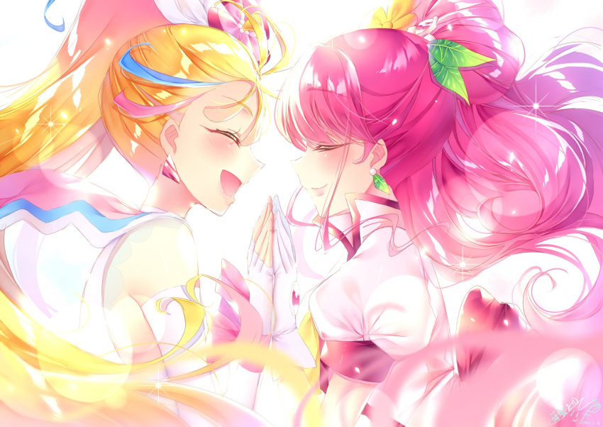 2girls blonde_hair blush closed_eyes commentary_request cure_grace cure_summer dress earrings eyelashes fingerless_gloves gloves hair_ornament hanadera_nodoka happy healin'_good_precure highres holding_hands jewelry layered_dress long_hair long_sleeves looking_at_another magical_girl multicolored_hair multiple_girls natsuumi_manatsu pink_hair ponytail precure puffy_sleeves simple_background smile streaked_hair touki_matsuri tropical-rouge!_precure very_long_hair white_background wings