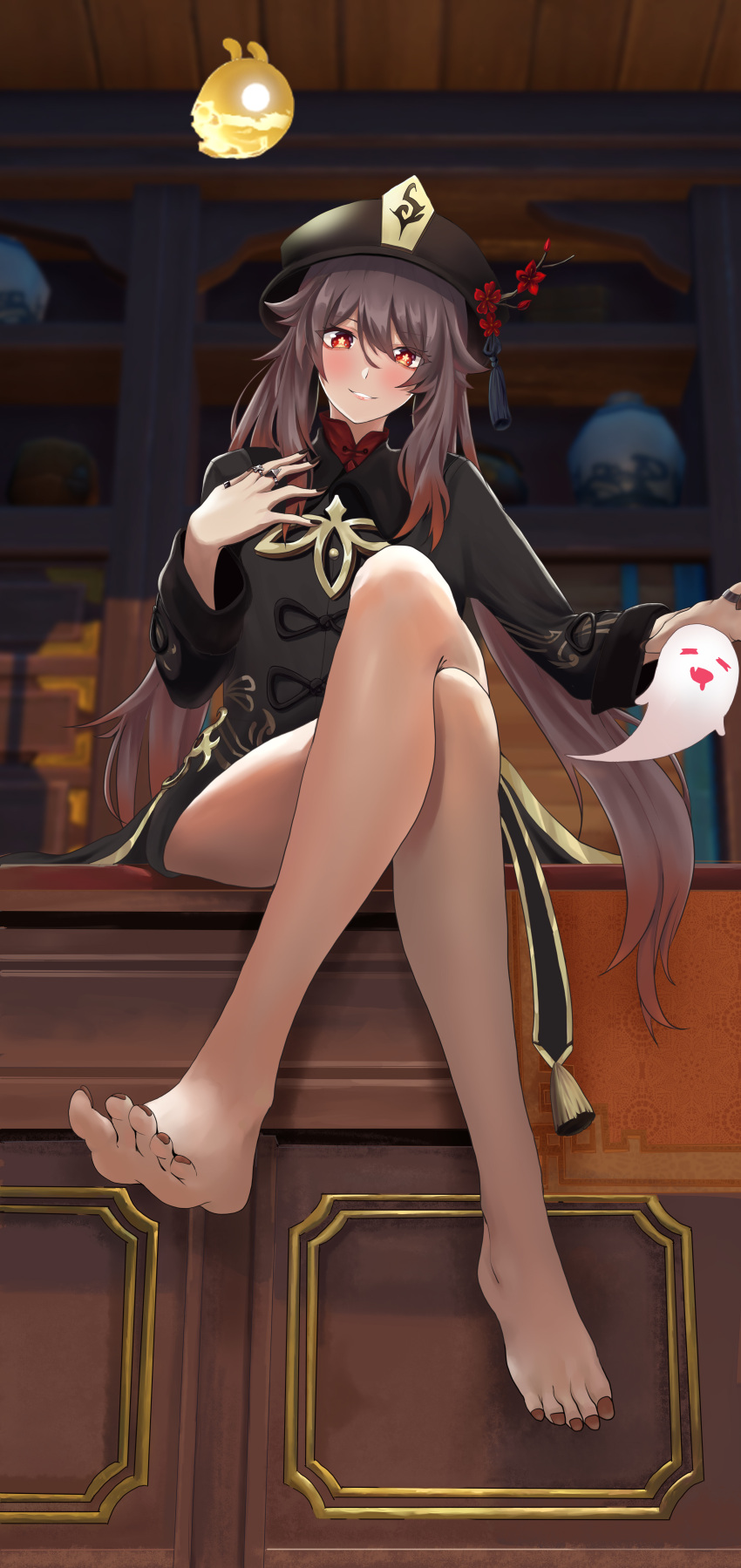 1girl absurdres bare_legs barefoot black_nails blush brown_hair chinese_clothes crossed_legs feet flower full_body genshin_impact ghost hat highres hu_tao icons_(1452697582) jewelry legs long_hair long_sleeves looking_at_viewer nails red_eyes ring sitting smile soles solo symbol-shaped_pupils table toenails toes twintails