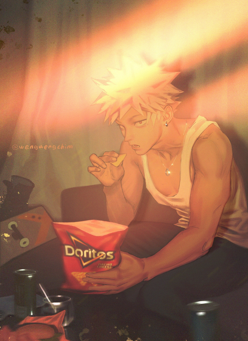 1boy absurdres alternate_costume artist_name bakugou_katsuki bangs blonde_hair boku_no_hero_academia can collarbone doritos earrings food highres holding holding_food indoors jewelry light male_focus nachos necklace open_mouth pants seat short_hair sitting solo spiky_hair table tank_top toned toned_male tongue wengwengchim white_hair
