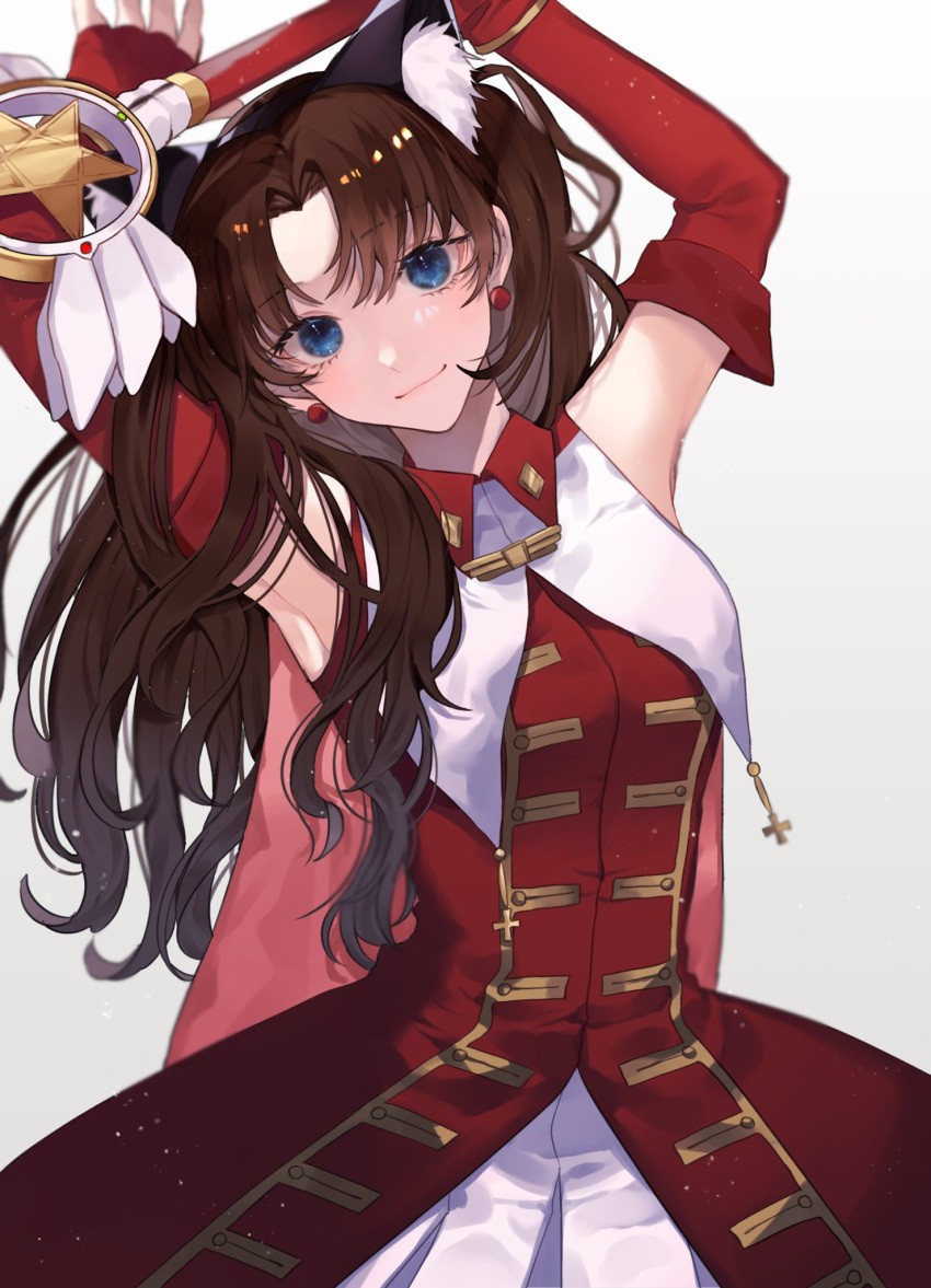 1girl arms_up bangs bare_shoulders blue_eyes breasts brown_hair closed_mouth commentary_request cowboy_shot detached_sleeves dress earrings elbow_gloves fate/stay_night fate_(series) fingerless_gloves gloves hair_ribbon highres holding holding_staff jewelry long_hair looking_at_viewer parted_bangs red_dress red_gloves ribbon shimatori_(sanyyyy) shiny shiny_hair smile solo staff standing thigh-highs tohsaka_rin two_side_up upper_body white_background