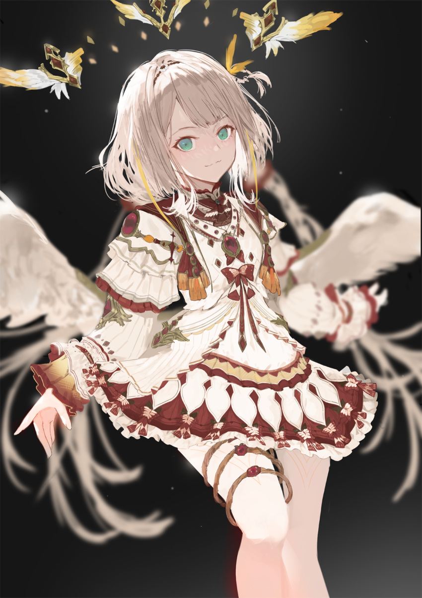 1girl angel_wings ara_haan bangosu bangs black_background blurry blurry_background closed_mouth commentary_request depth_of_field dress feathered_wings feet_out_of_frame green_eyes grey_hair highres long_hair long_sleeves nijisanji nijisanji_kr sleeves_past_wrists smile solo thigh-highs twintails very_long_hair virtual_youtuber white_dress white_legwear white_wings wings