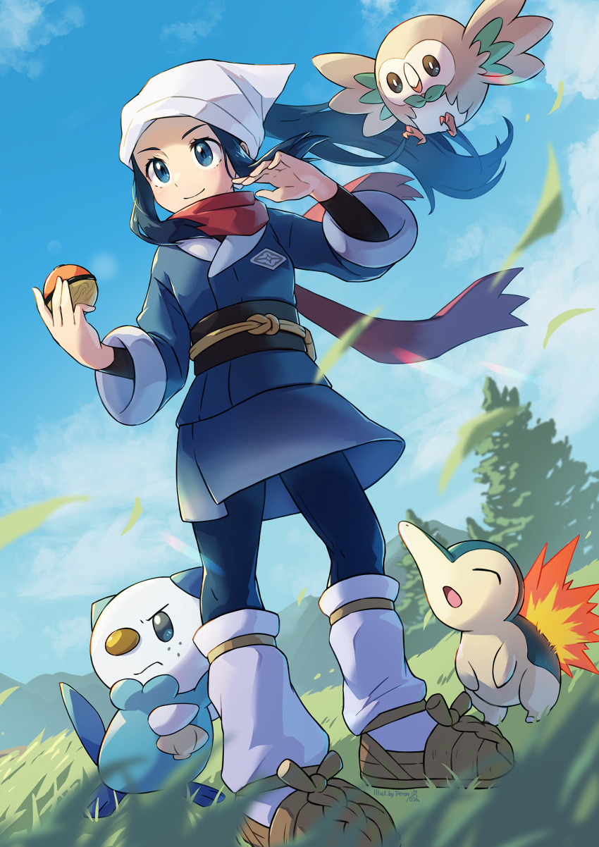 1girl closed_mouth clouds commentary_request cyndaquil day eyelashes female_protagonist_(pokemon_legends:_arceus) floating_hair floating_scarf from_below gen_2_pokemon gen_5_pokemon gen_7_pokemon head_scarf highres holding holding_poke_ball leaves_in_wind long_hair oshawott outdoors peron_(niki2ki884) poke_ball poke_ball_(legends) pokemon pokemon_(creature) pokemon_(game) pokemon_legends:_arceus ponytail rowlet sash scarf sidelocks sky smile socks standing starter_pokemon tree white_headwear