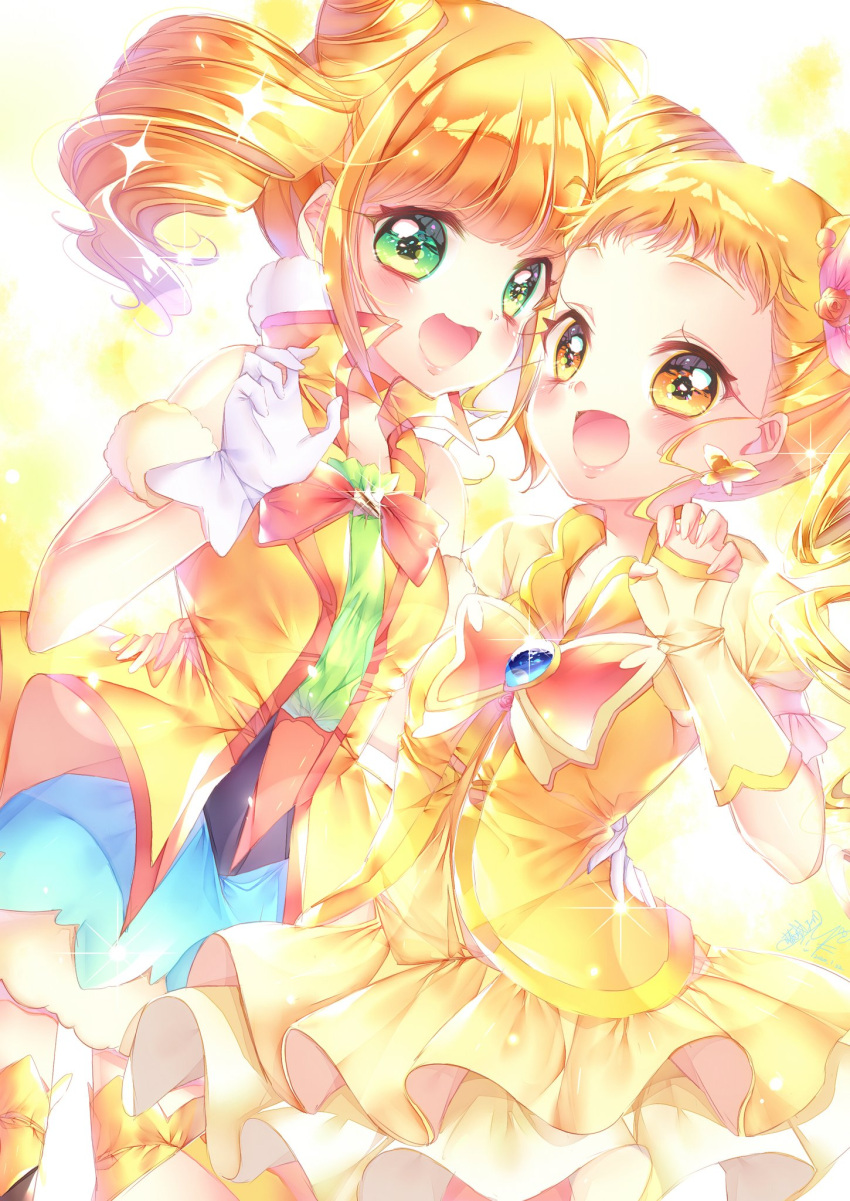 2girls :d aqua_skirt blonde_hair blush bow choker color_connection commentary_request cure_lemonade cure_sparkle double_bun earrings elbow_gloves eyelashes fingerless_gloves floating_hair gloves green_eyes hair_cones hair_ornament happy healin'_good_precure heart heart_hair_ornament highres hiramitsu_hinata jewelry kasugano_urara_(yes!_precure_5) long_hair looking_at_viewer magical_girl multiple_girls open_mouth pom_pom_(clothes) pom_pom_earrings precure puffy_short_sleeves puffy_sleeves shiny shiny_clothes shiny_skin short_hair short_sleeves short_twintails shorts sidelocks skirt smile tied_hair touki_matsuri twintails vest white_gloves yellow_eyes yellow_neckwear yellow_vest yes!_precure_5 yes!_precure_5_gogo!