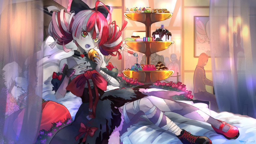 1girl ahoge bandages bangs black_bow black_nails bow cake colored_skin commentary double_bun doughnut dress food full_body green_eyes grey_hair grey_skin hair_bow hand_on_own_chest heterochromia highres holding holding_food hololive hololive_indonesia indoors jelly kureiji_ollie looking_at_viewer macaron mary_janes mismatched_footwear mismatched_pupils multicolored multicolored_eyes multicolored_hair on_bed open_mouth pastry patchwork_skin pink_hair reclining red_eyes redhead shoes solo_focus stitched_face stitches streaked_hair sword symbol_commentary takuyarawr torn_clothes torn_dress udin_(kureiji_ollie) virtual_youtuber weapon white_hair wrist_bow yellow_eyes zombie