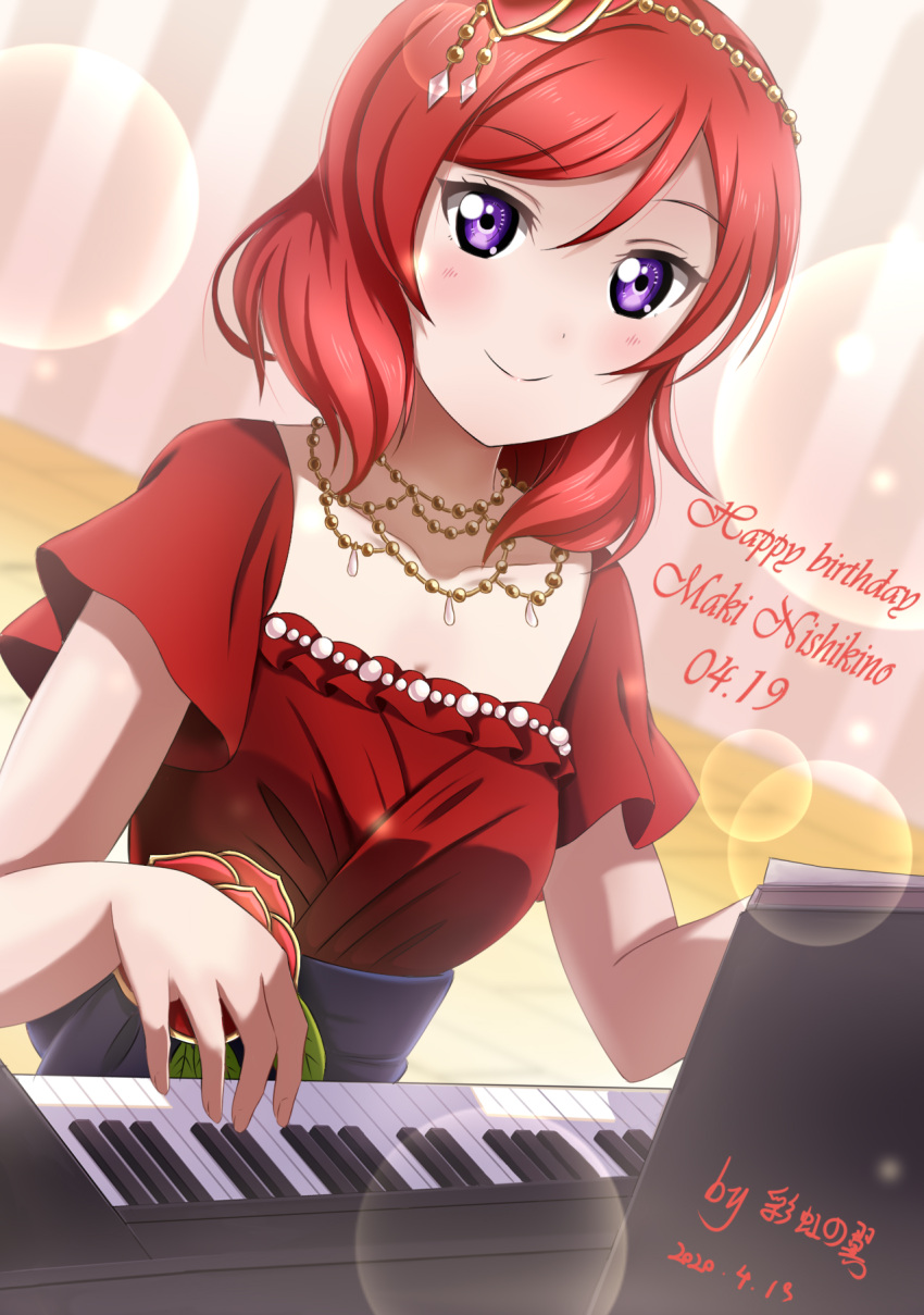 1girl character_name dated dress hair_ornament happy_birthday highres instrument lens_flare looking_at_viewer love_live! love_live!_school_idol_project music nishikino_maki piano playing_instrument playing_piano red_dress redhead short_hair signature sleeveless sleeveless_dress smile solo upper_body violet_eyes xiaoxin041590