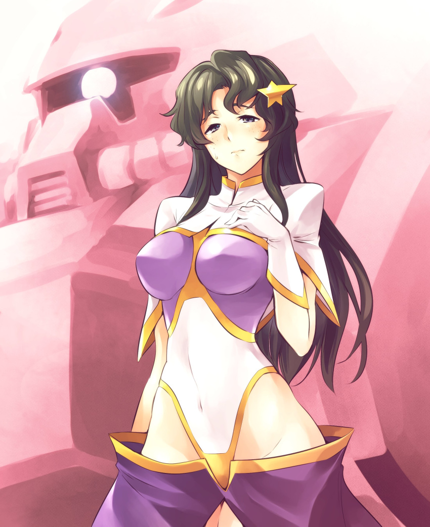 1girl absurdres bangs black_hair breast_suppress breasts covered_navel freckles glowing glowing_eye gundam gundam_seed gundam_seed_destiny hair_ornament hand_on_own_chest head_tilt highres ishiyumi leotard long_hair looking_ahead mecha medium_breasts meer_campbell mobile_suit one-eyed science_fiction shrug_(clothing) solo spoilers star_(symbol) star_hair_ornament sweatdrop violet_eyes wavy_mouth zaku