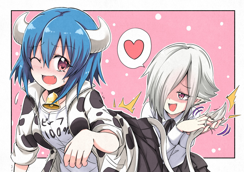 2girls absurdres animal_print bell black_nails black_skirt blue_hair blush breasts cow_girl cow_horns cow_print cow_tail eyebrows_visible_through_hair fang grey_hair hair_over_one_eye heart highres horns jacket jashin-chan_dropkick large_breasts looking_at_another minos_(jashin-chan_dropkick) multiple_girls neck_bell one_eye_closed open_mouth persephone_ii pink_eyes pleated_skirt shirt short_hair skirt sleeves_rolled_up smile speech_bubble spoken_heart tail white_shirt yuri yyuki317