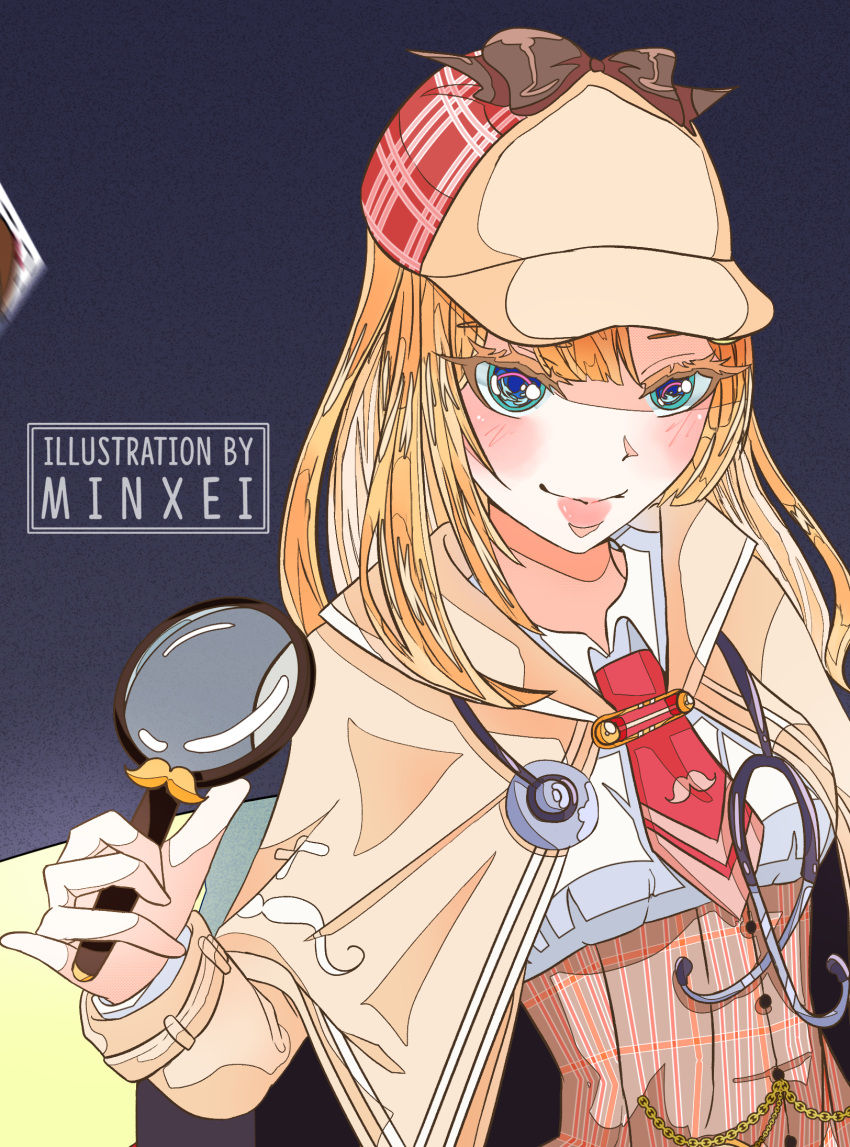1girl beige_headwear blush closed_mouth cropped film_grain green_eyes hat highres holding holding_magnifying_glass hololive hololive_english long_hair magnifying_glass minxei necktie photo_(object) pink_lips plaid red_neckwear solo stethoscope upper_body virtual_youtuber watson_amelia