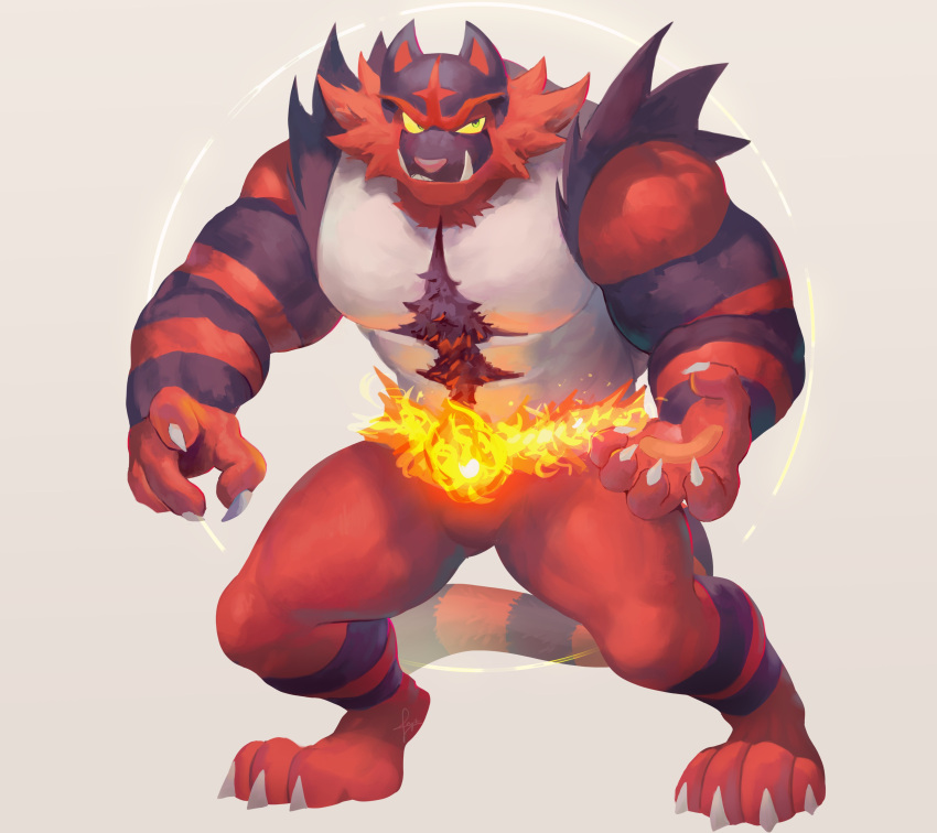 absurdres claws colored_sclera commentary fangs fangs_out fire full_body gen_7_pokemon green_eyes grey_background highres incineroar papyuuno parted_lips paws pokemon pokemon_(creature) solo standing toes yellow_sclera